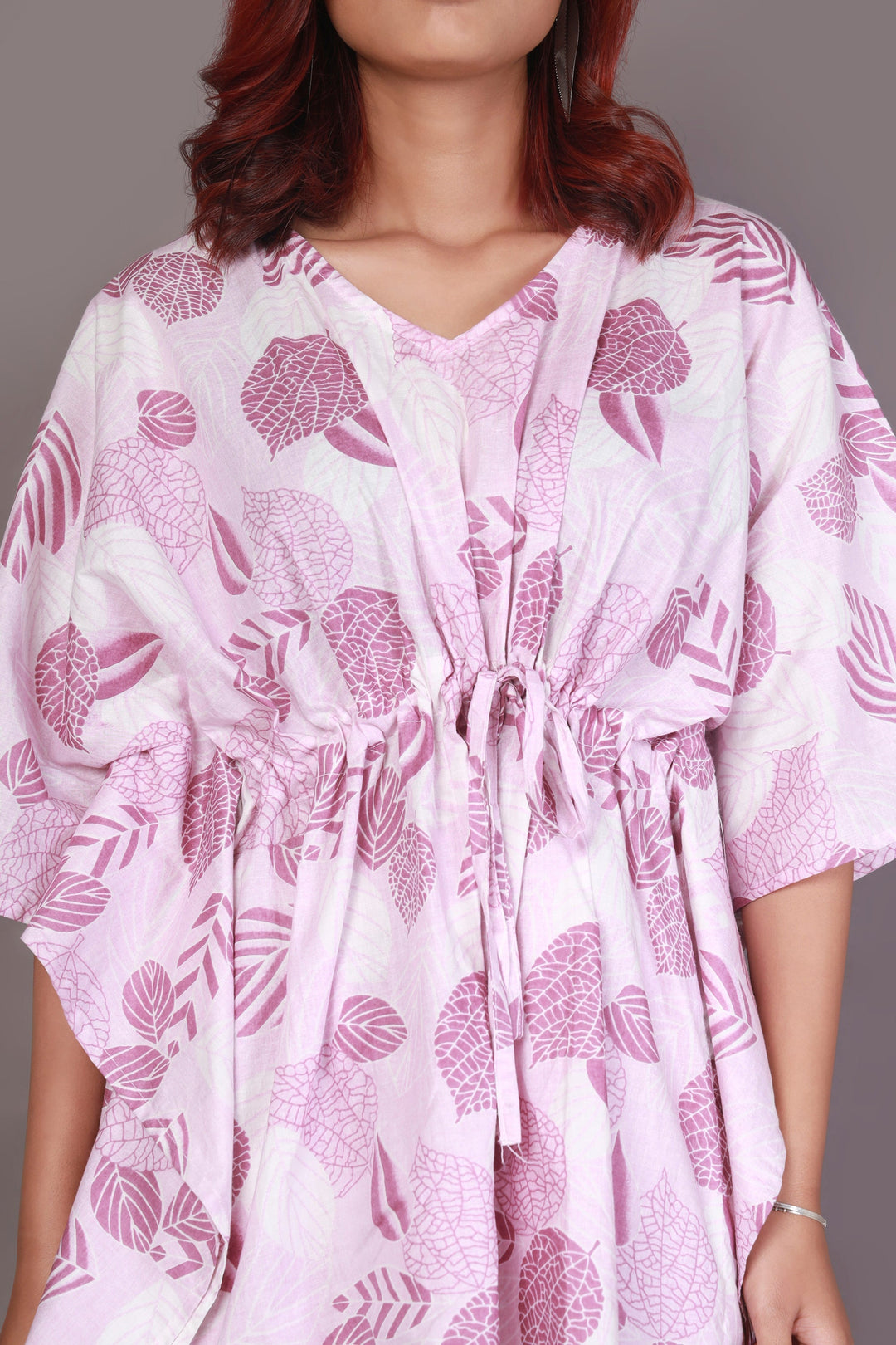 Pink Autumn Nature-Inspired Print Cotton Kaftan Set | SHOBITAM