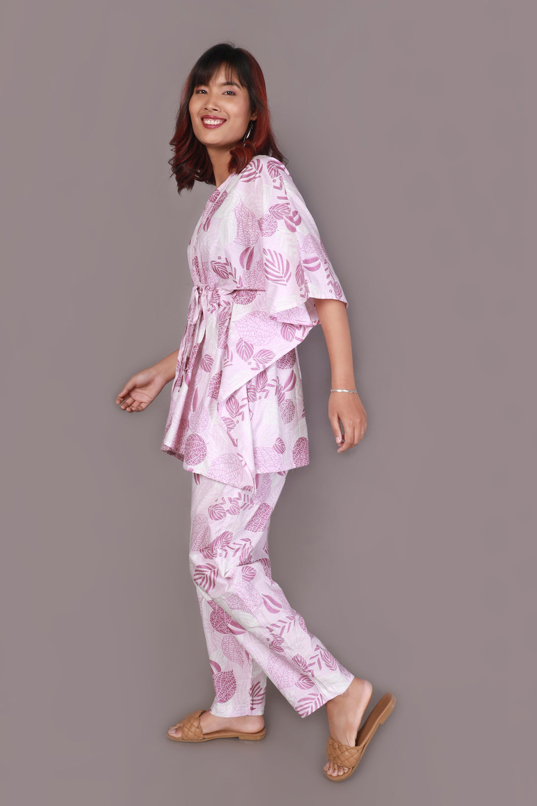 Pink Autumn Nature-Inspired Print Cotton Kaftan Set | SHOBITAM