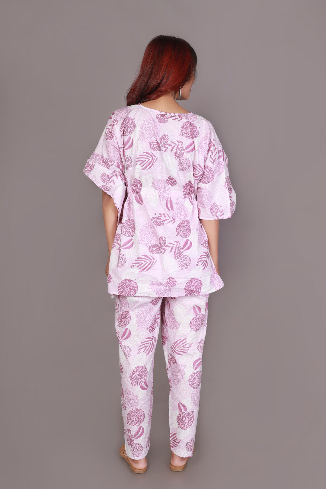 Pink Autumn Nature-Inspired Print Cotton Kaftan Set | SHOBITAM