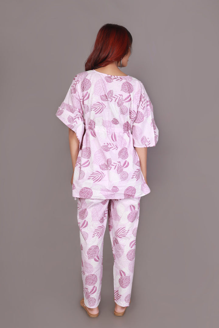 Pink Autumn Nature-Inspired Print Cotton Kaftan Set | SHOBITAM