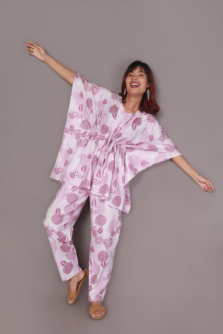 Pink Autumn Nature-Inspired Print Cotton Kaftan Set | SHOBITAM