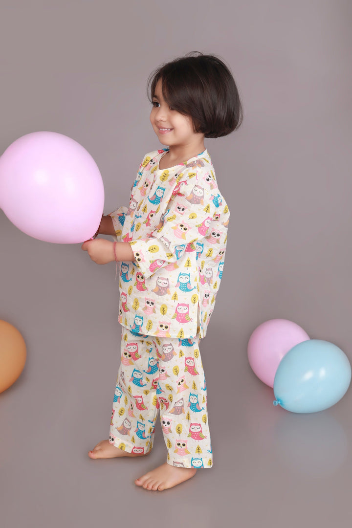 Sunshine Owls Cotton Nightsuit for Kids Unisex | SHOBITAM