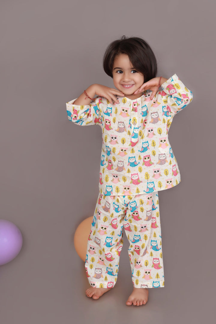 Sunshine Owls Cotton Nightsuit for Kids Unisex | SHOBITAM