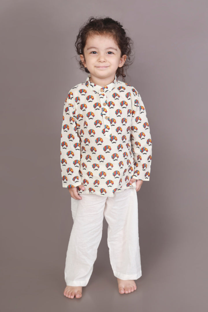 Desi Turban Print Kurta & Pyjama Kids Unisex Cotton Nightsuit Set | SHOBITAM