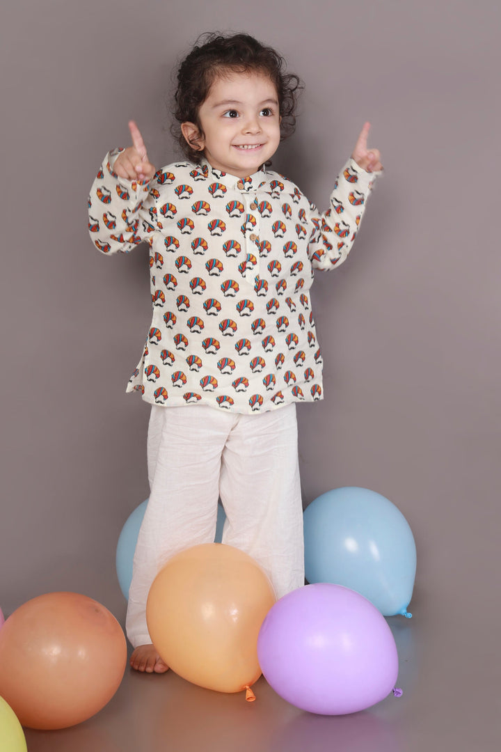 Desi Turban Print Kurta & Pyjama Kids Unisex Cotton Nightsuit Set | SHOBITAM