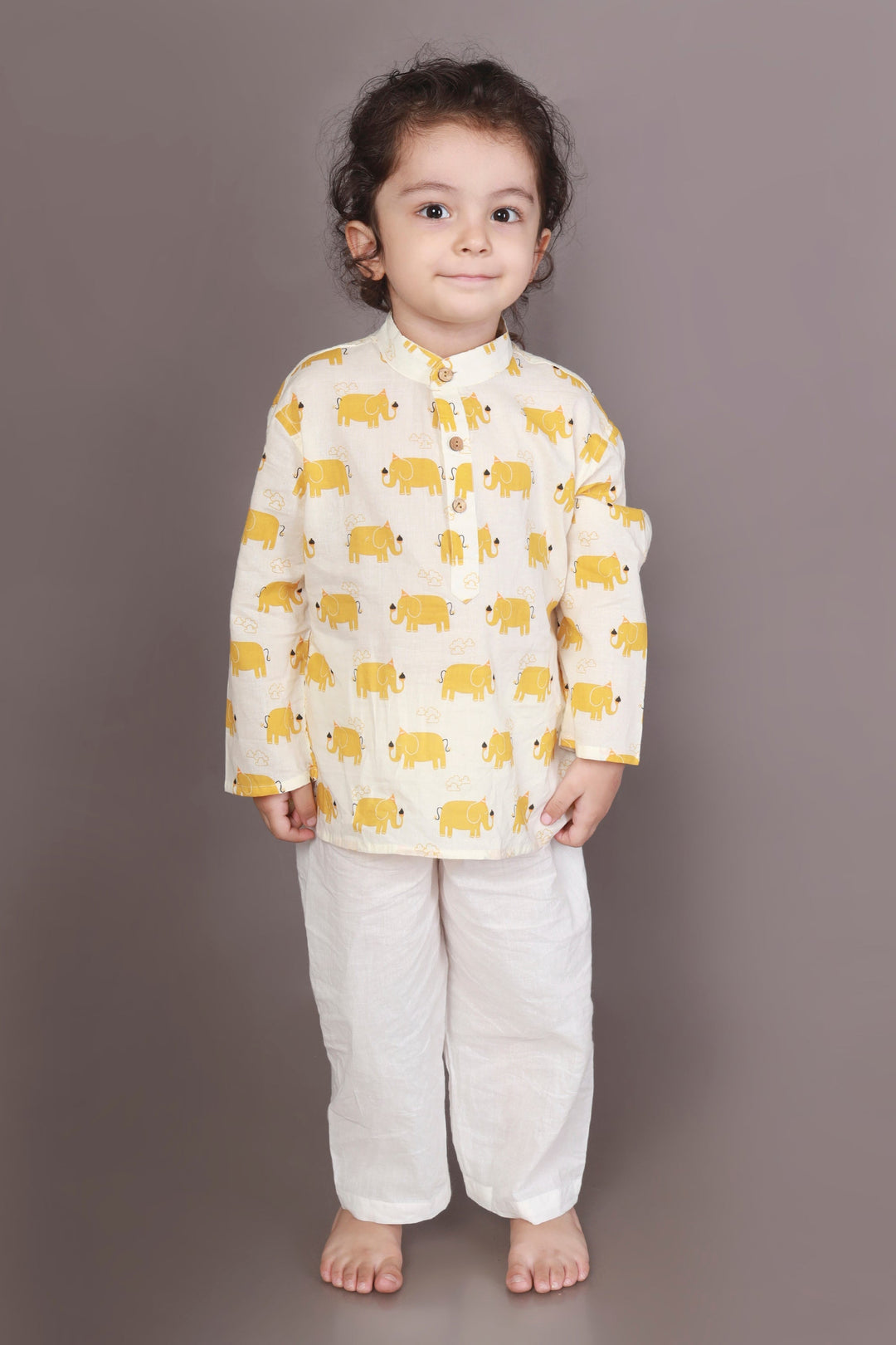 Sunshine Jumbo Elephant Print Kids Unisex Cotton Kurta & Pyjama Set | SHOBITAM