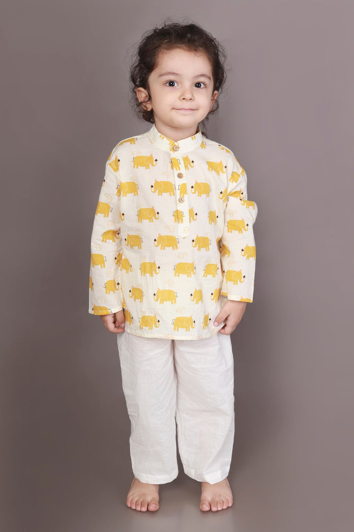 Sunshine Jumbo Elephant Print Kids Unisex Cotton Kurta & Pyjama Set | SHOBITAM