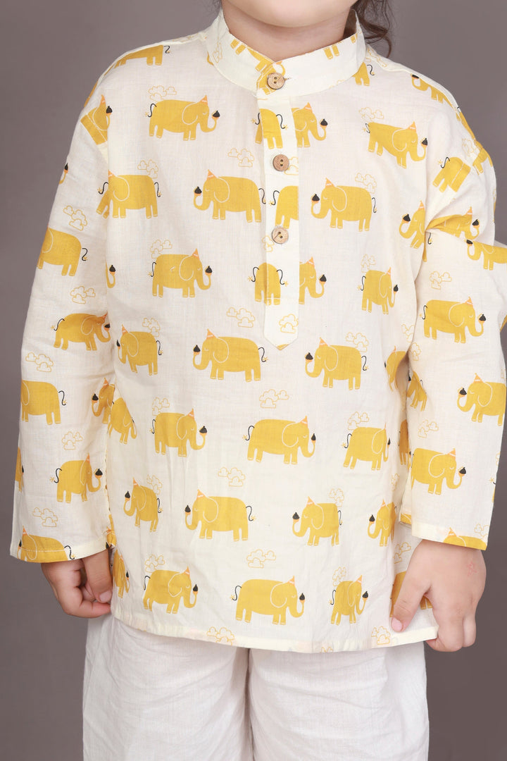 Sunshine Jumbo Elephant Print Kids Unisex Cotton Kurta & Pyjama Set | SHOBITAM