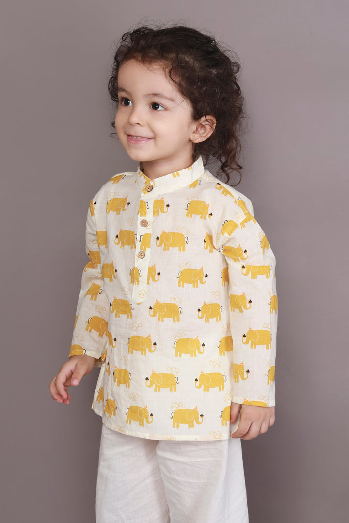 Sunshine Jumbo Elephant Print Kids Unisex Cotton Kurta & Pyjama Set | SHOBITAM