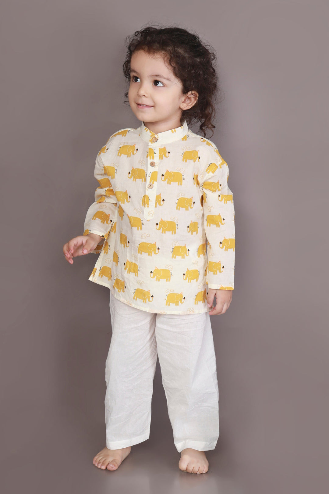 Sunshine Jumbo Elephant Print Kids Unisex Cotton Kurta & Pyjama Set | SHOBITAM