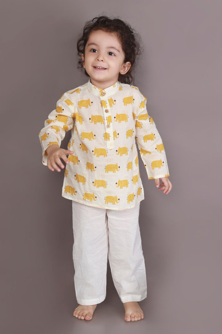 Sunshine Jumbo Elephant Print Kids Unisex Cotton Kurta & Pyjama Set | SHOBITAM