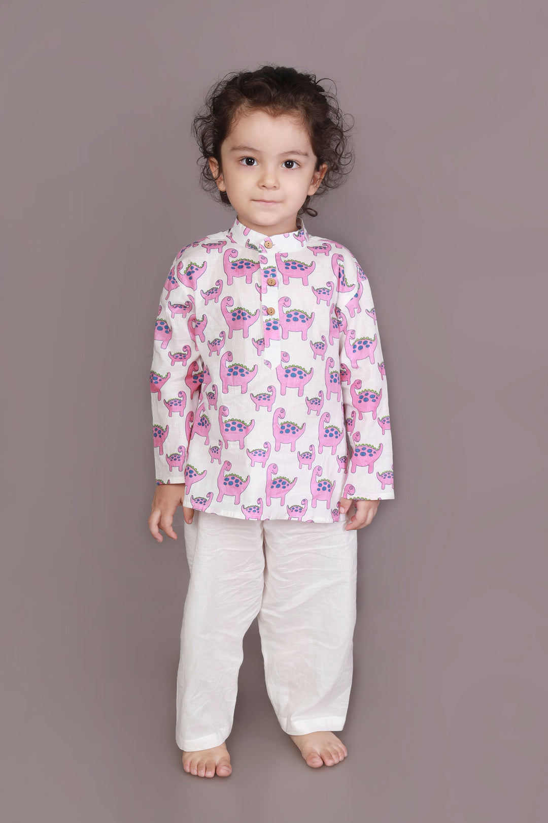 Rosy The Dinosaur Print Cotton Kurta & Pyjama Unisex Set for Kids Unisex | SHOBITAM