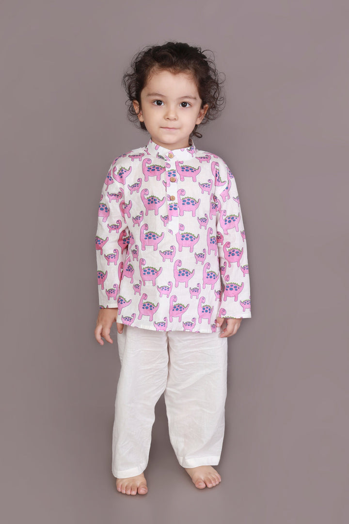 Rosy The Dinosaur Print Cotton Kurta & Pyjama Unisex Set for Kids Unisex | SHOBITAM