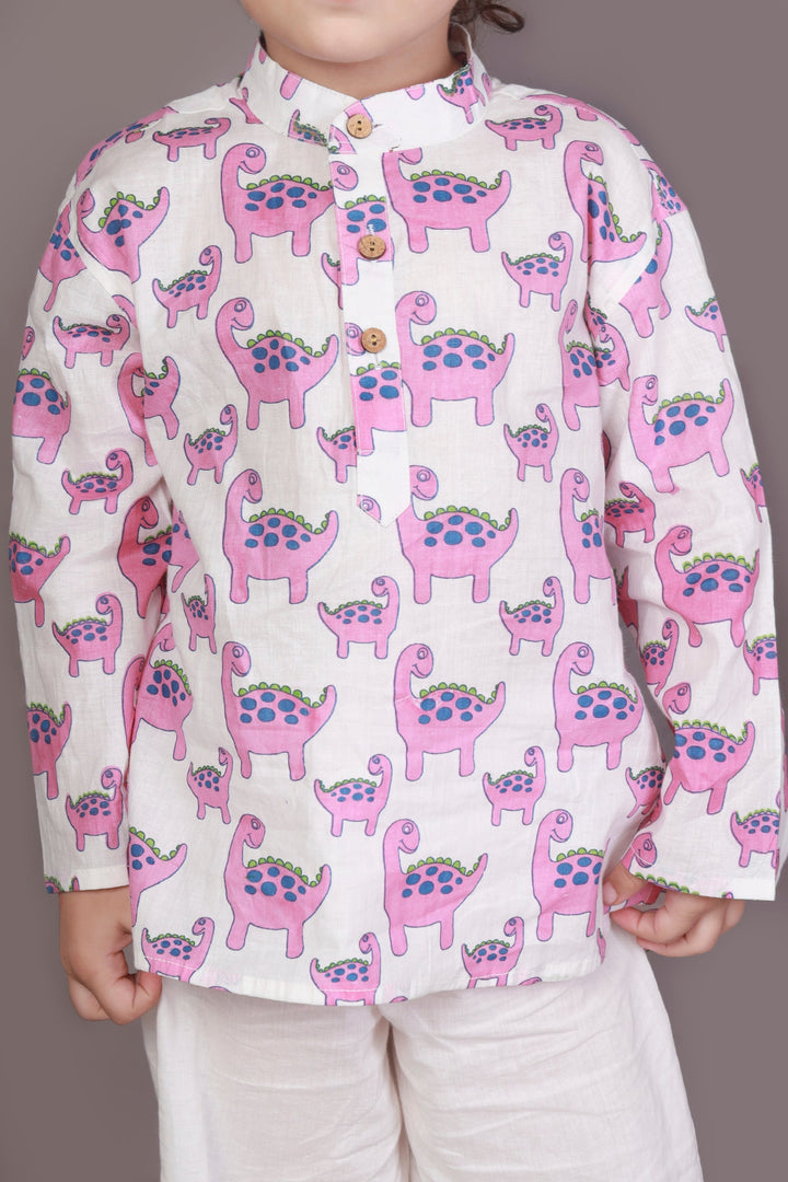 Rosy The Dinosaur Print Cotton Kurta & Pyjama Unisex Set for Kids Unisex | SHOBITAM