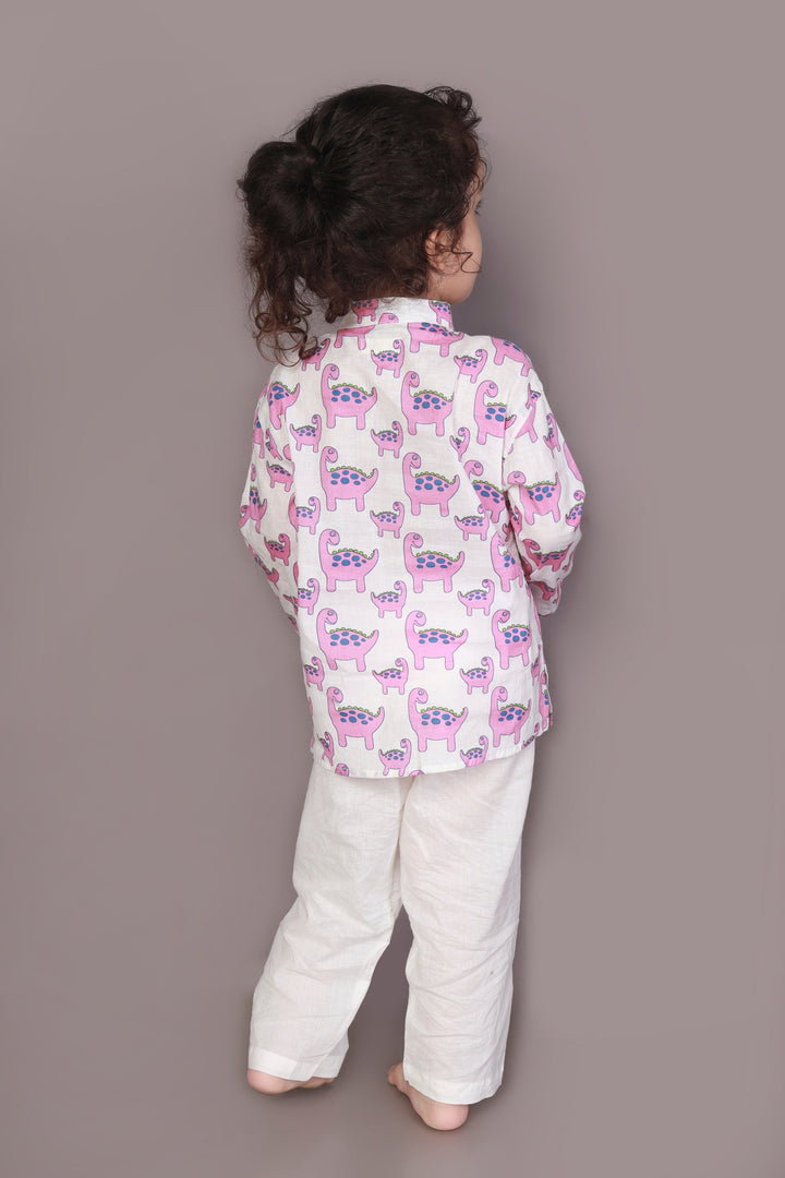 Rosy The Dinosaur Print Cotton Kurta & Pyjama Unisex Set for Kids Unisex | SHOBITAM