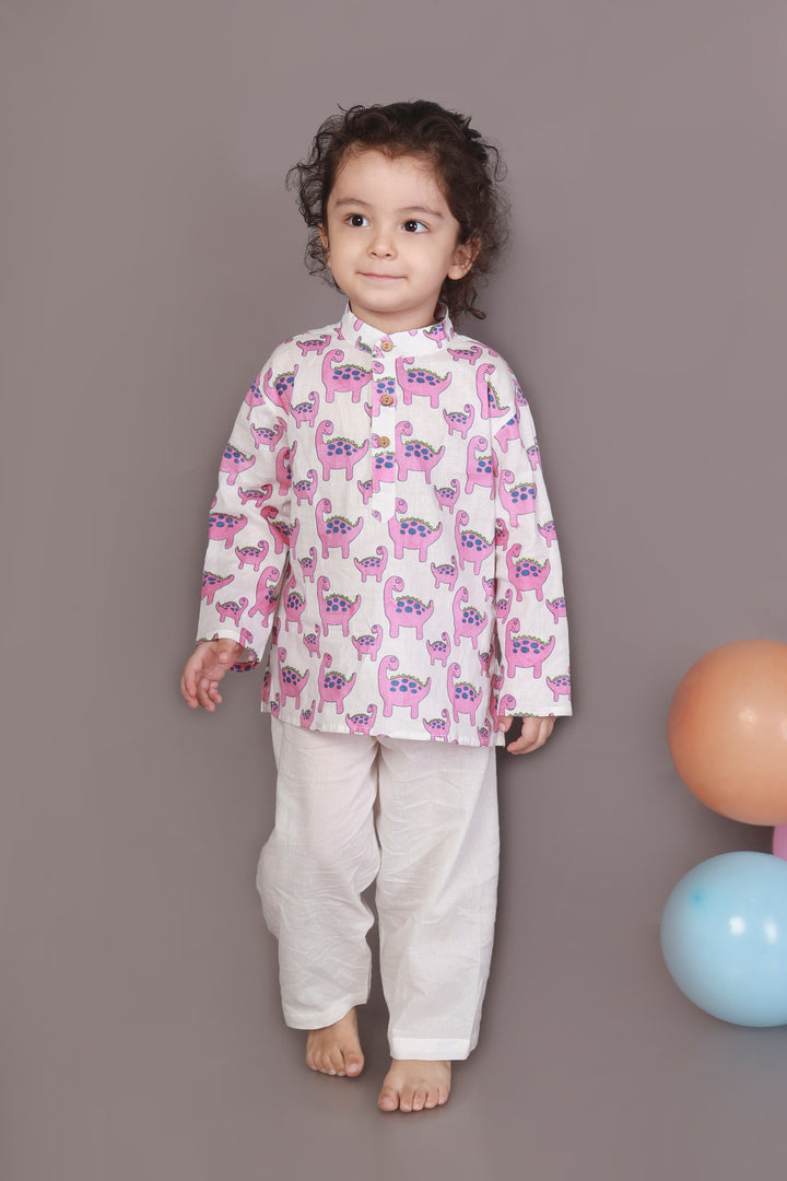 Rosy The Dinosaur Print Cotton Kurta & Pyjama Unisex Set for Kids Unisex | SHOBITAM