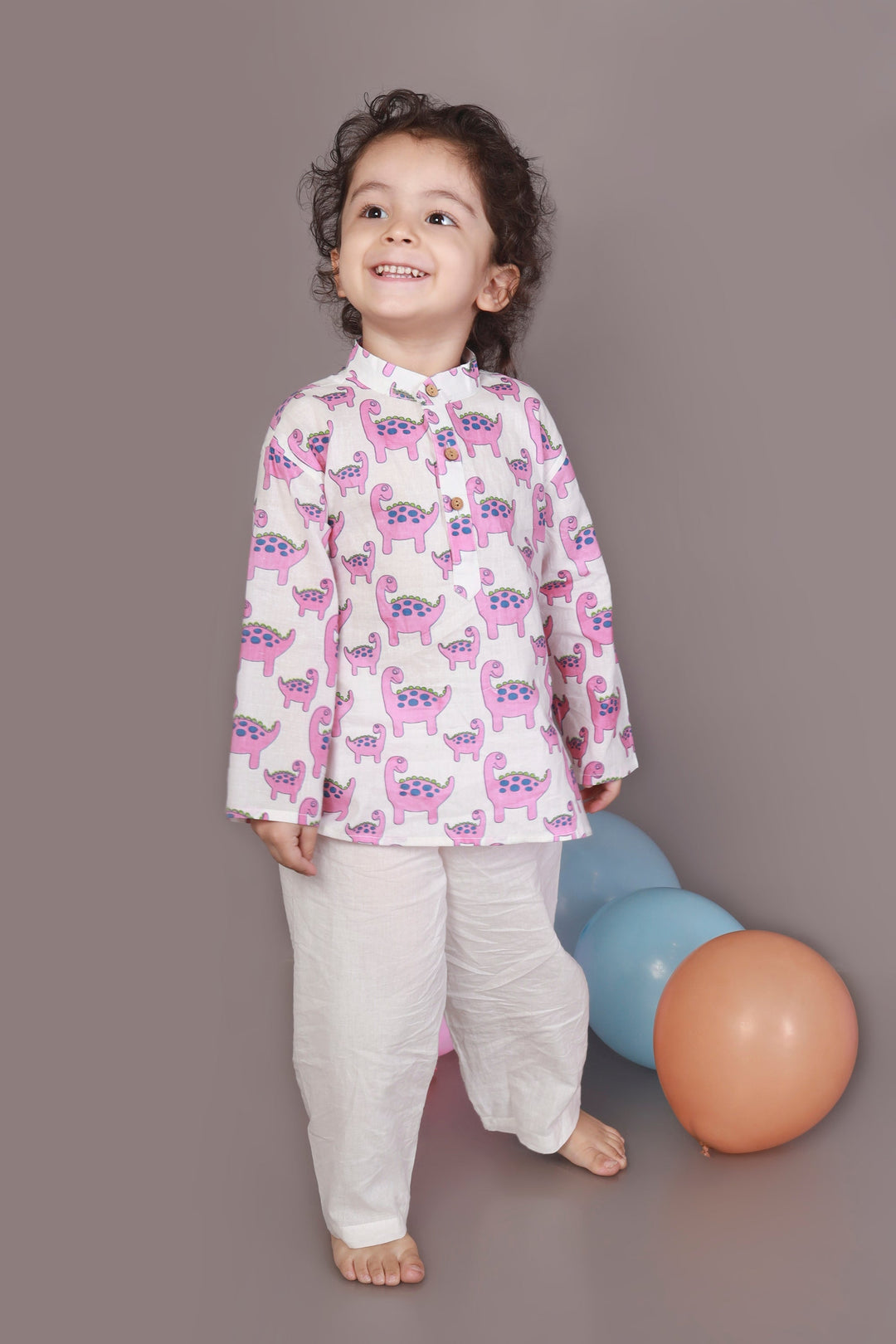 Rosy The Dinosaur Print Cotton Kurta & Pyjama Unisex Set for Kids Unisex | SHOBITAM