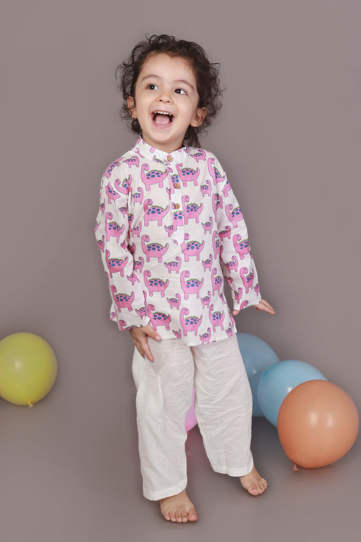 Rosy The Dinosaur Print Cotton Kurta & Pyjama Unisex Set for Kids Unisex | SHOBITAM