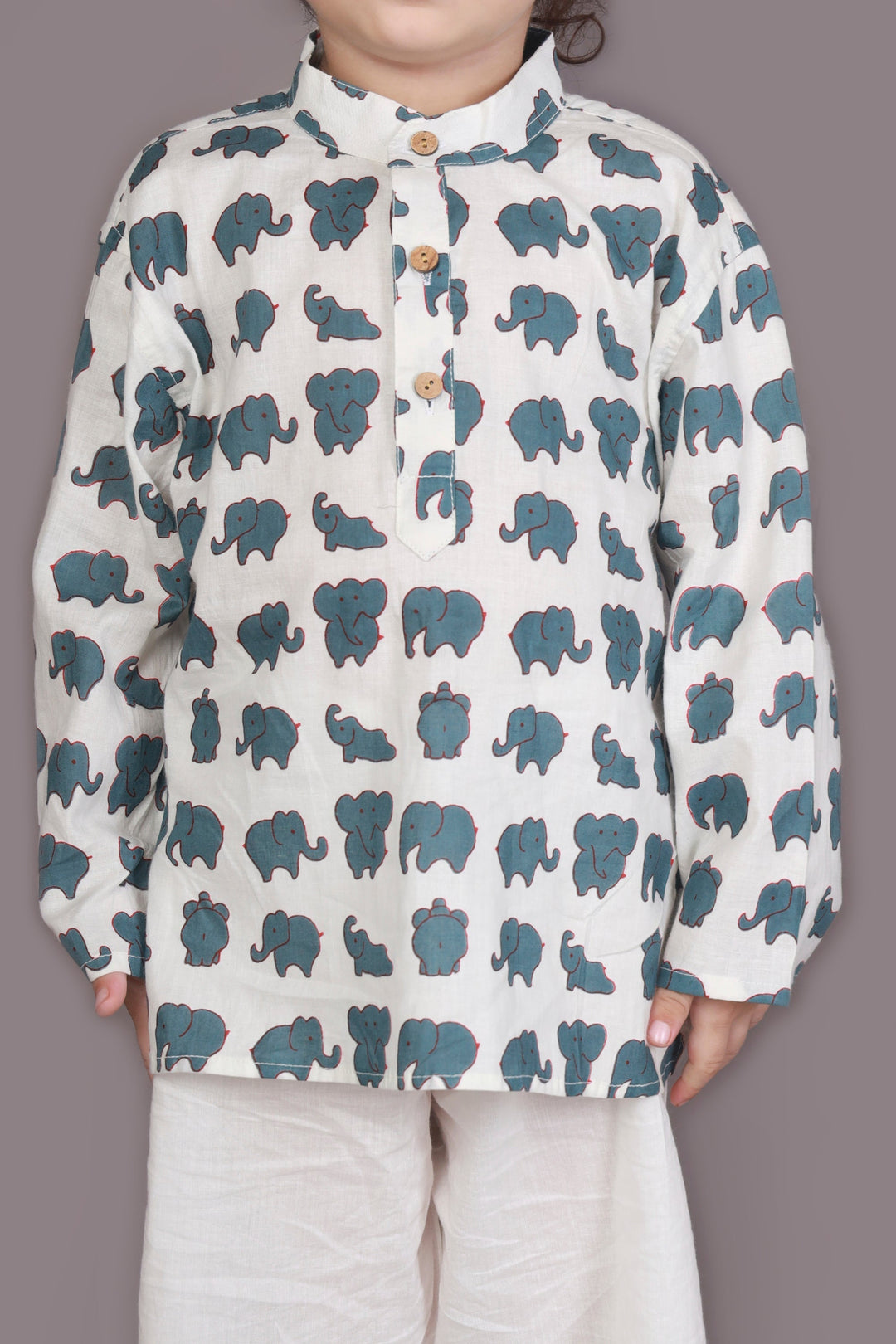 Neer Elephant Print Cotton Kurta & Pyjama Unisex Set for Boys & Girls | SHOBITAM