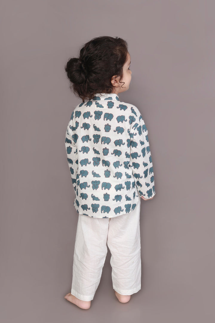 Neer Elephant Print Cotton Kurta & Pyjama Unisex Set for Boys & Girls | SHOBITAM