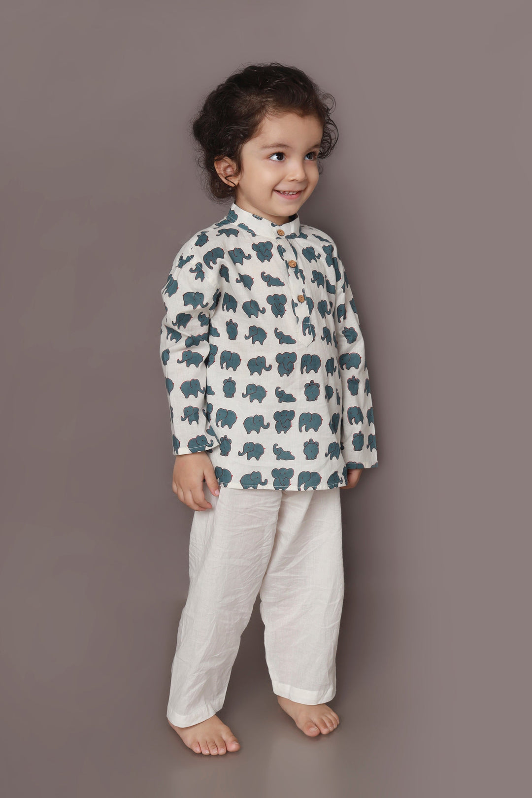 Neer Elephant Print Cotton Kurta & Pyjama Unisex Set for Boys & Girls | SHOBITAM