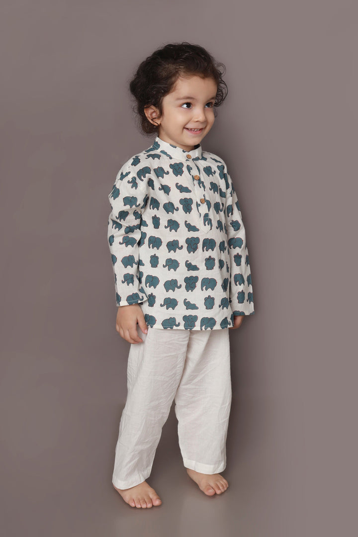 Neer Elephant Print Cotton Kurta & Pyjama Unisex Set for Boys & Girls | SHOBITAM