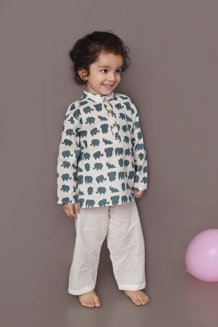 Neer Elephant Print Cotton Kurta & Pyjama Unisex Set for Boys & Girls | SHOBITAM
