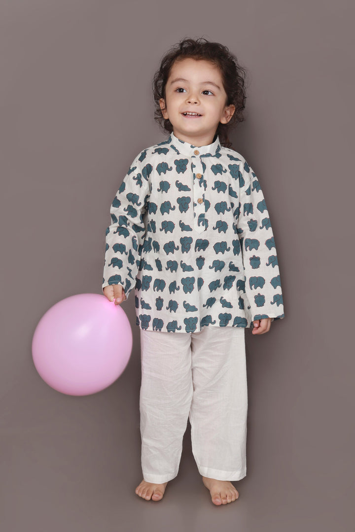 Neer Elephant Print Cotton Kurta & Pyjama Unisex Set for Boys & Girls | SHOBITAM