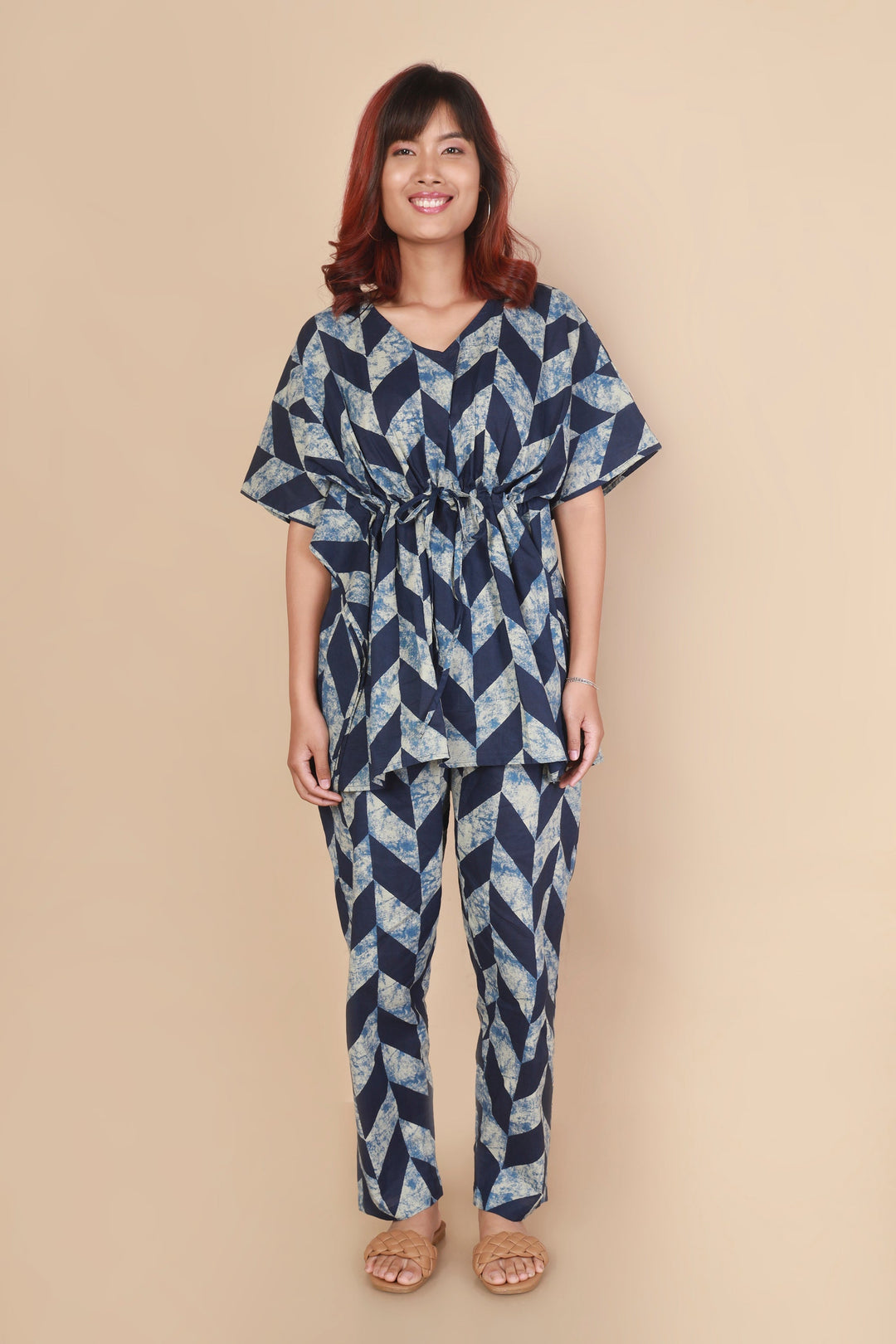 Chevron Blues Geometric Print Kaftan Cotton Co-ord Set | SHOBITAM