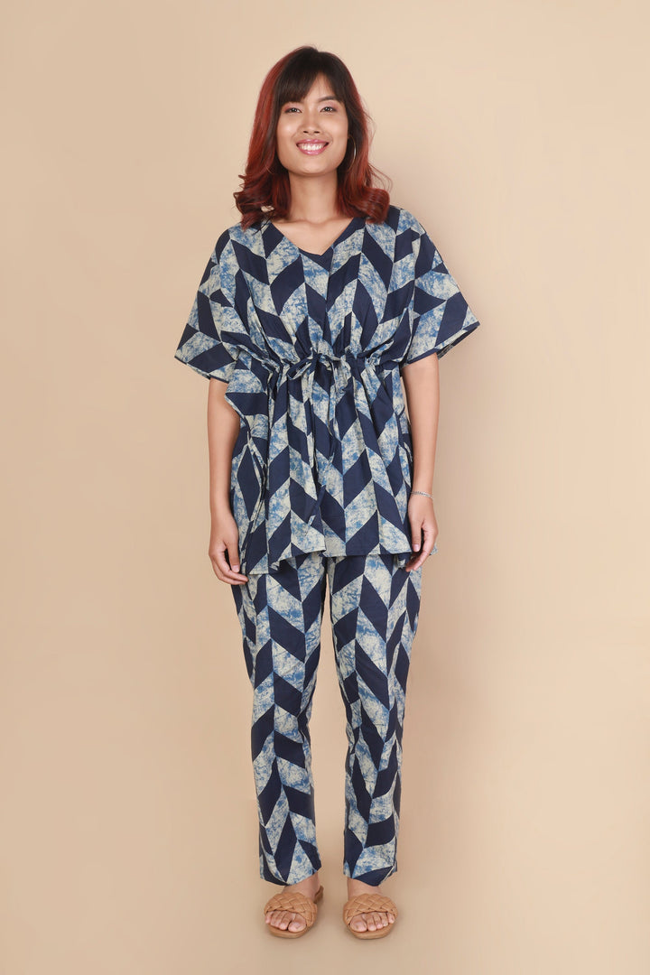 Chevron Blues Geometric Print Kaftan Cotton Co-ord Set | SHOBITAM