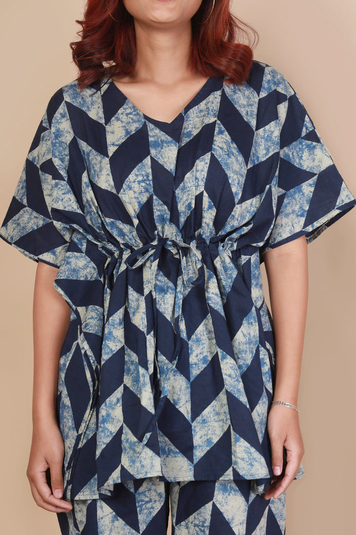 Chevron Blues Geometric Print Kaftan Cotton Co-ord Set | SHOBITAM