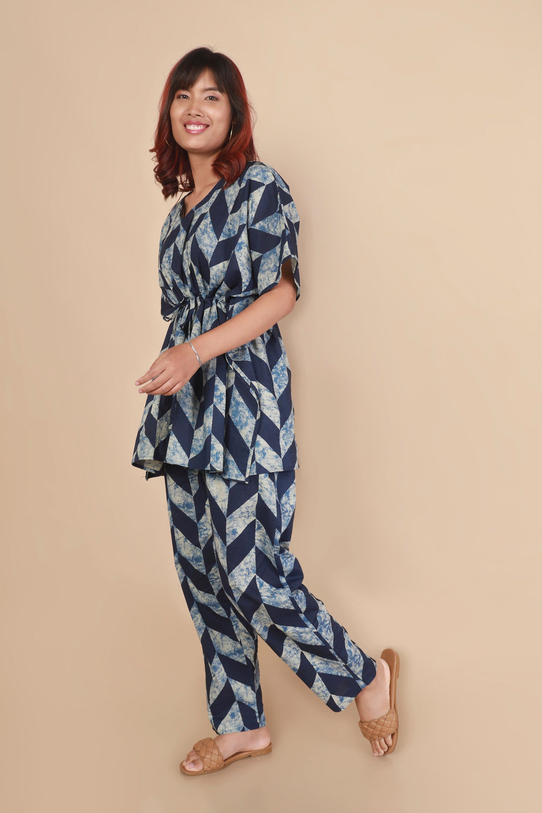 Chevron Blues Geometric Print Kaftan Cotton Co-ord Set | SHOBITAM