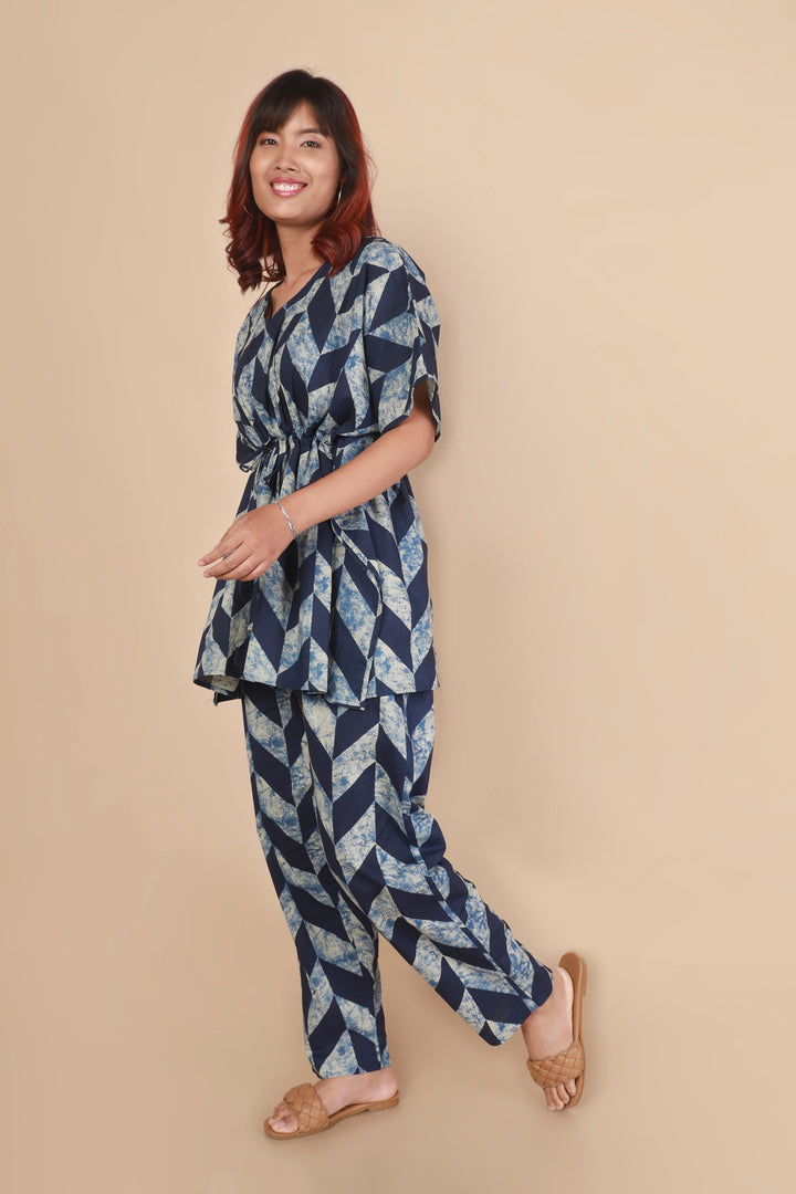 Chevron Blues Geometric Print Kaftan Cotton Co-ord Set | SHOBITAM