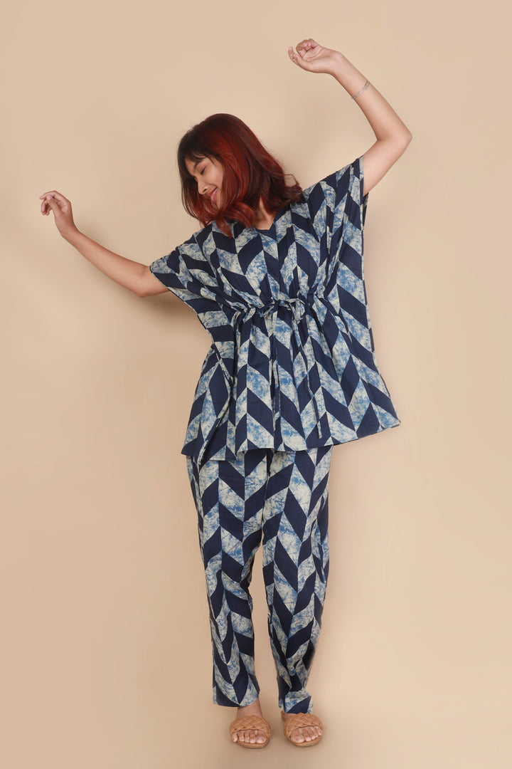 Chevron Blues Geometric Print Kaftan Cotton Co-ord Set | SHOBITAM