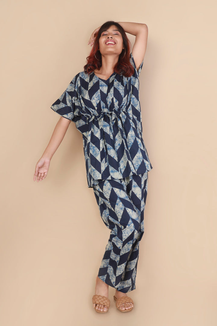 Chevron Blues Geometric Print Kaftan Cotton Co-ord Set | SHOBITAM