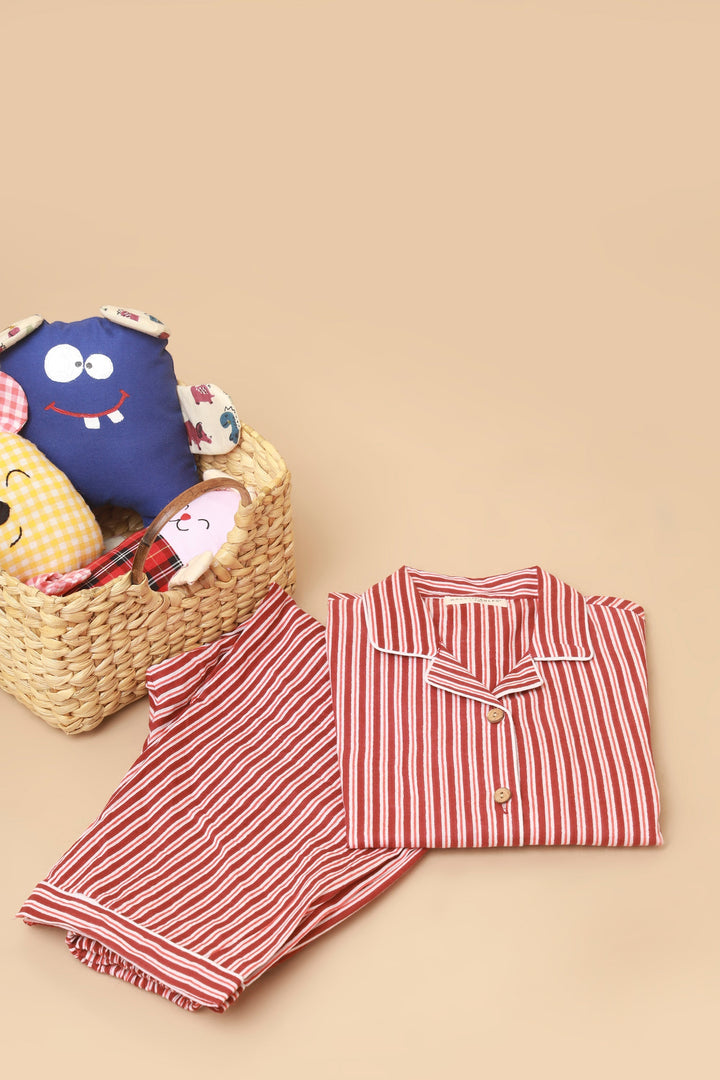 Candyland Red & White Striped Print Cotton Shirt & Pyjama Set | SHOBITAM