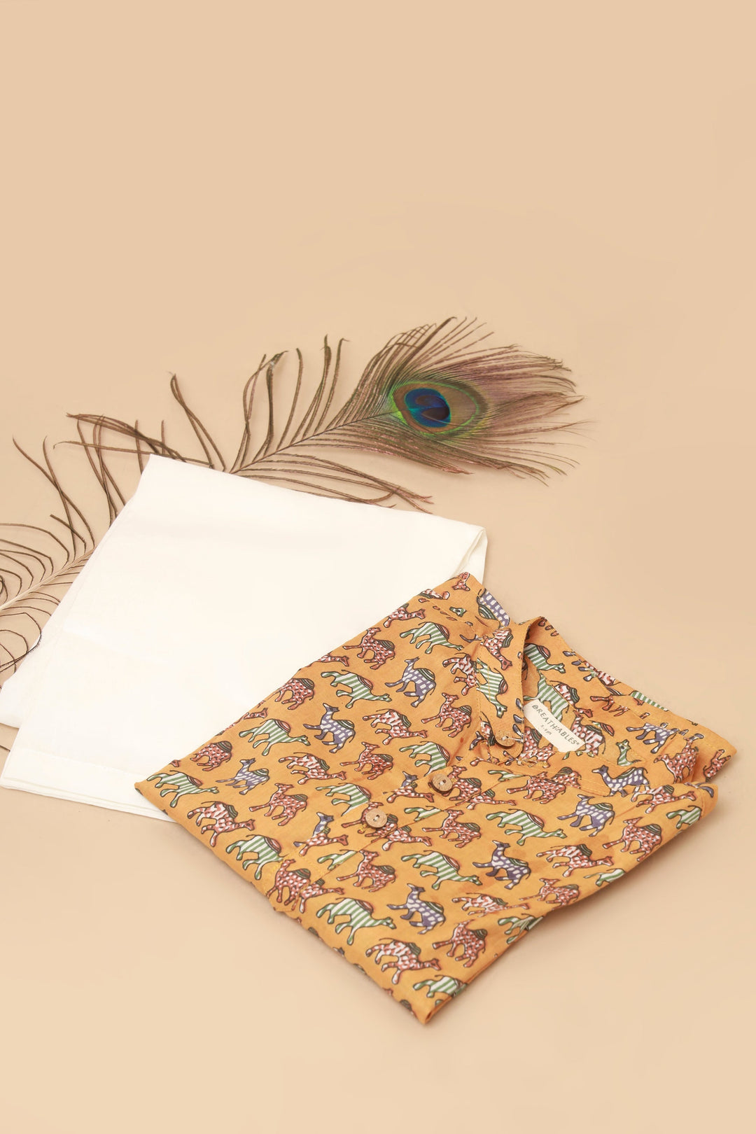 Dusty Camel Print Cotton Kurta & Pyjama for Kids Unisex | SHOBITAM