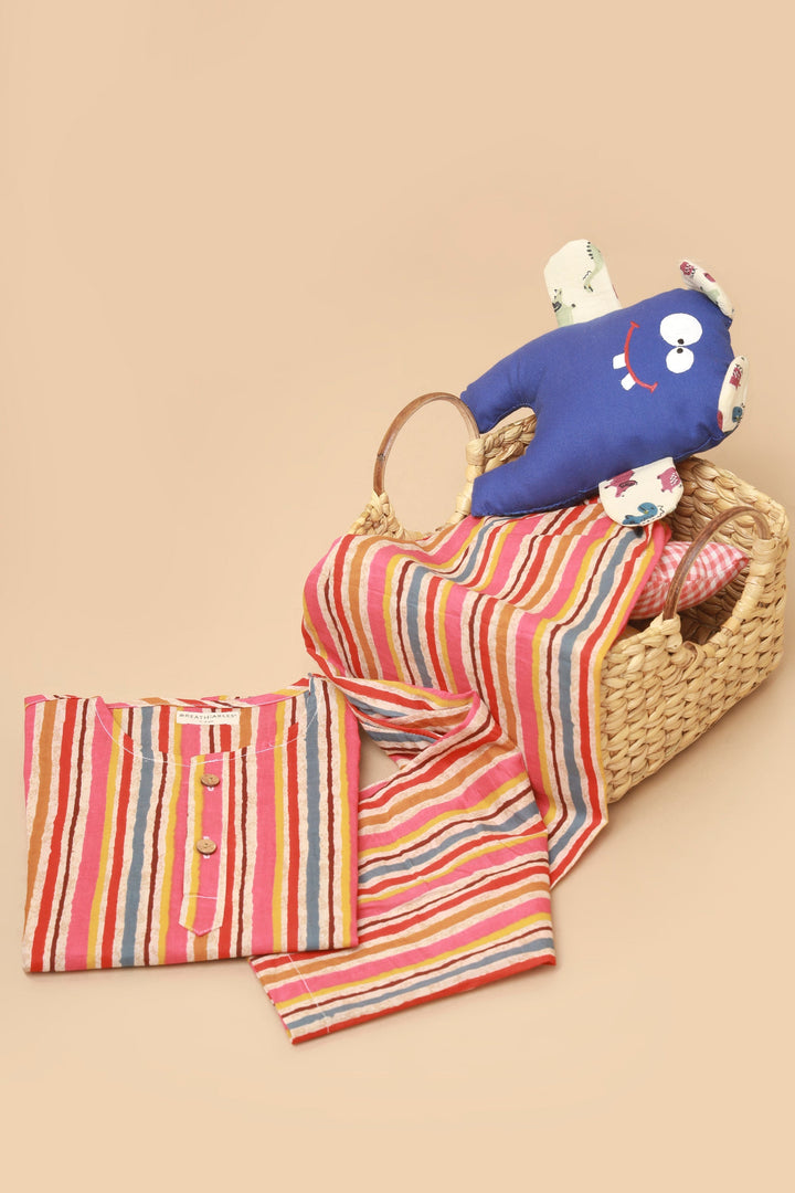 Colour Bomb Cotton Stripes Print Cotton Kurta Pyjama Nightsuit for Kids Unisex | SHOBITAM