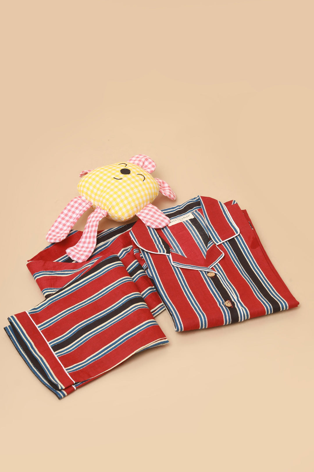 Red Stripes Cotton Shirt & Pyjama NightSuit Set for Kids Unisex | SHOBITAM