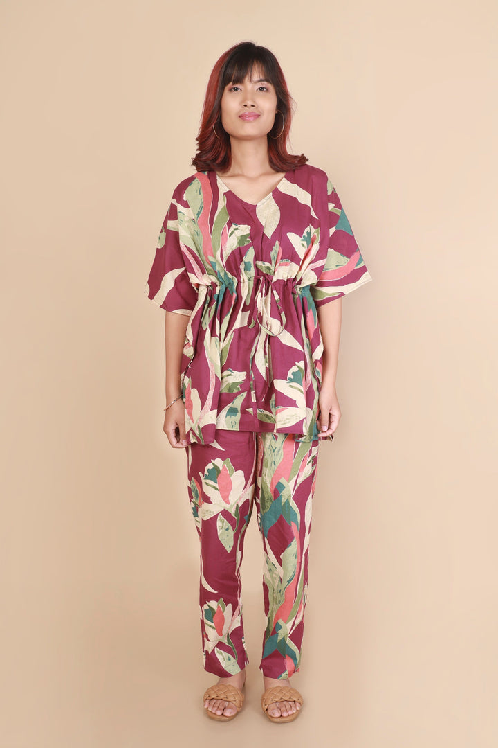 Rasberry Leaves Abstract Print Cotton Kaftan Set | SHOBITAM