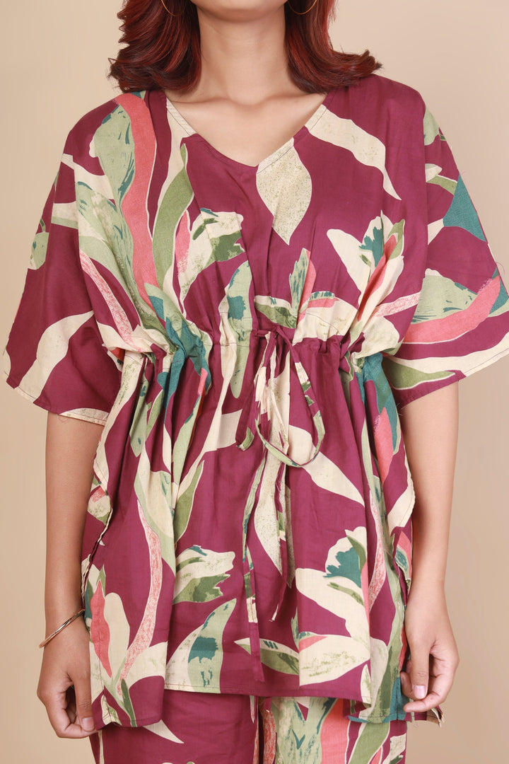 Rasberry Leaves Abstract Print Cotton Kaftan Set | SHOBITAM