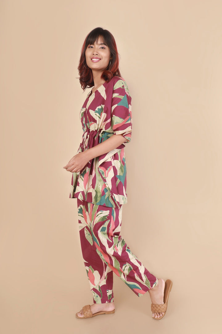 Rasberry Leaves Abstract Print Cotton Kaftan Set | SHOBITAM