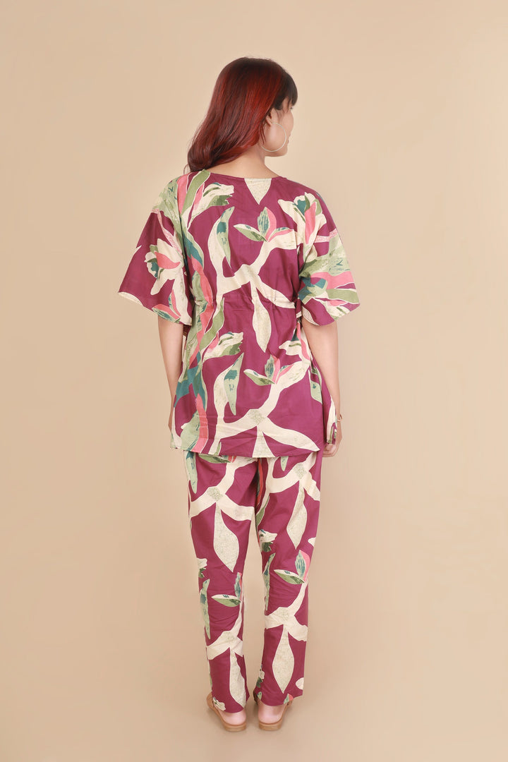 Rasberry Leaves Abstract Print Cotton Kaftan Set | SHOBITAM