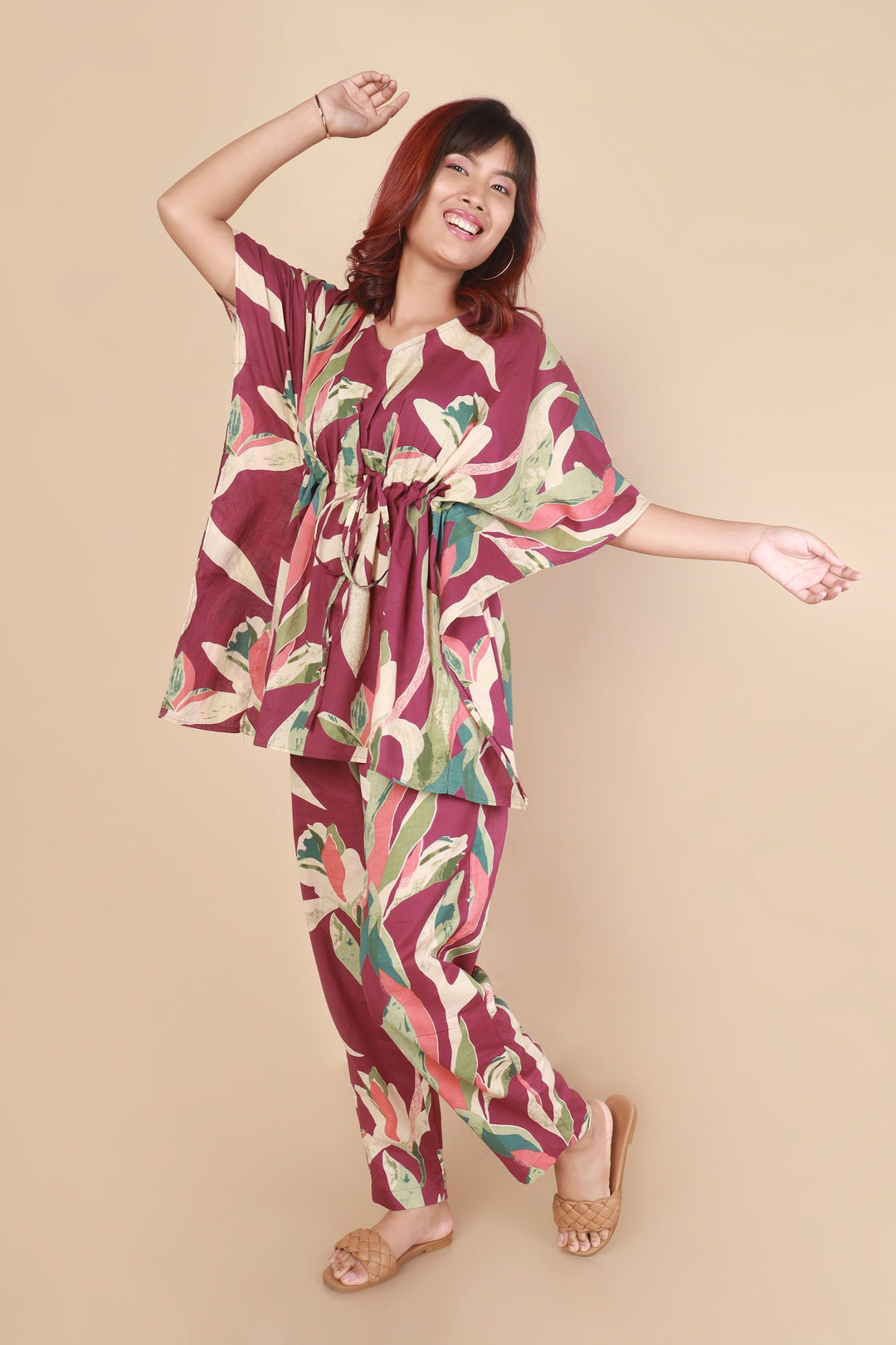 Rasberry Leaves Abstract Print Cotton Kaftan Set | SHOBITAM