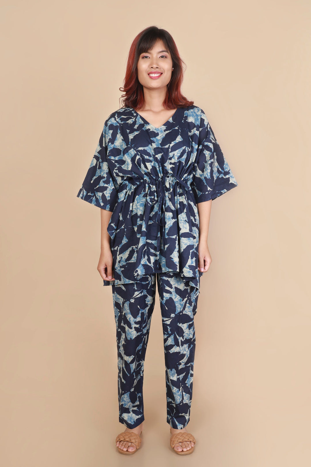 Khwahish Blue Floral Print Cotton Kaftan Set | SHOBITAM