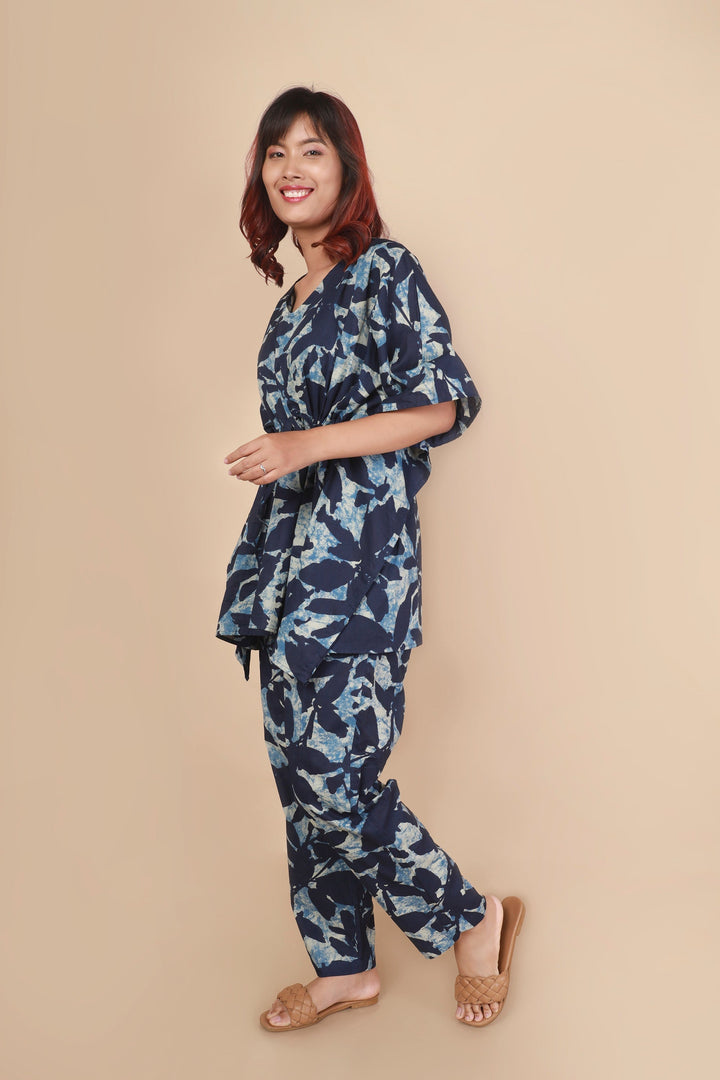 Khwahish Blue Floral Print Cotton Kaftan Set | SHOBITAM