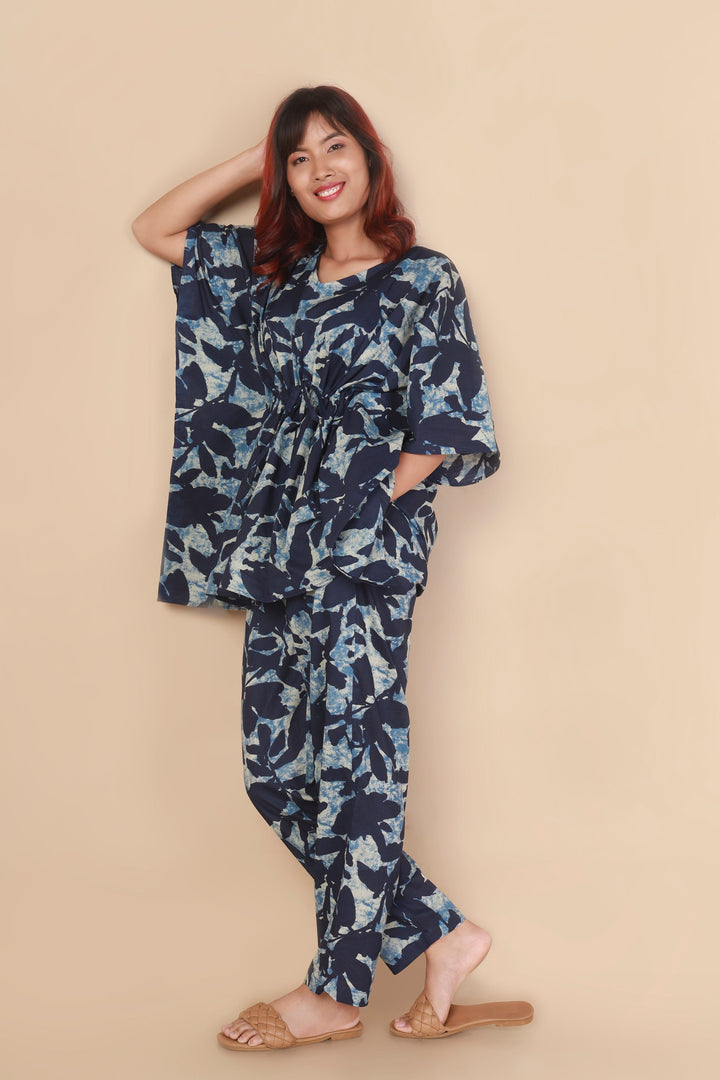Khwahish Blue Floral Print Cotton Kaftan Set | SHOBITAM