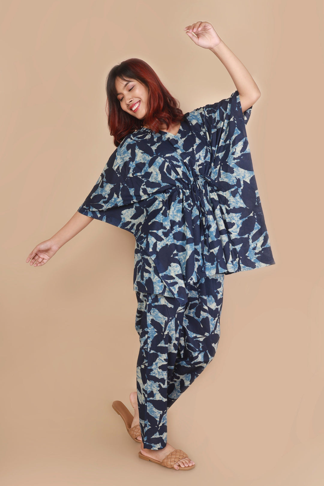 Khwahish Blue Floral Print Cotton Kaftan Set | SHOBITAM