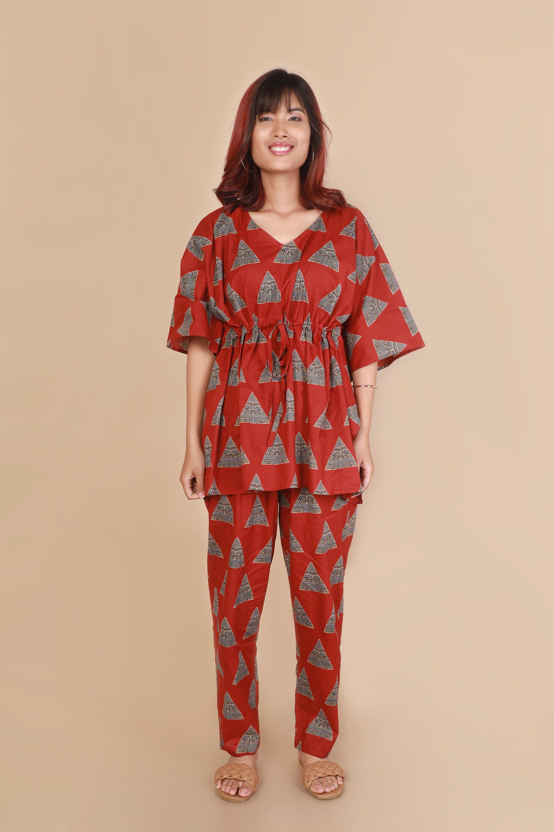 Gulmohari Geometric Print Kaftan Cotton Co-ord Set | SHOBITAM