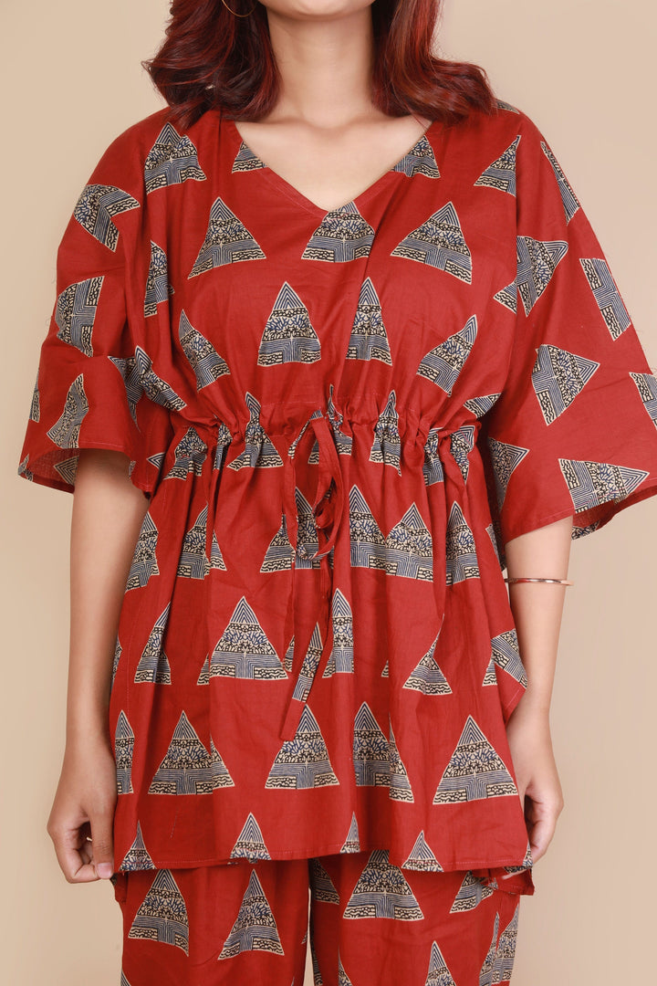 Gulmohari Geometric Print Kaftan Cotton Co-ord Set | SHOBITAM